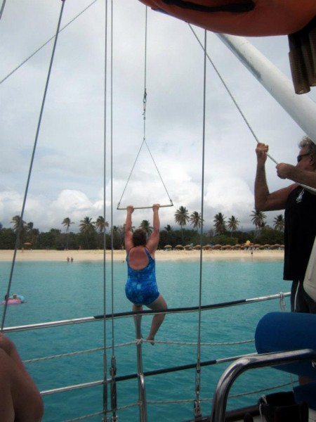 Aunt Sue braves the swing and plunges into Mullet Bay